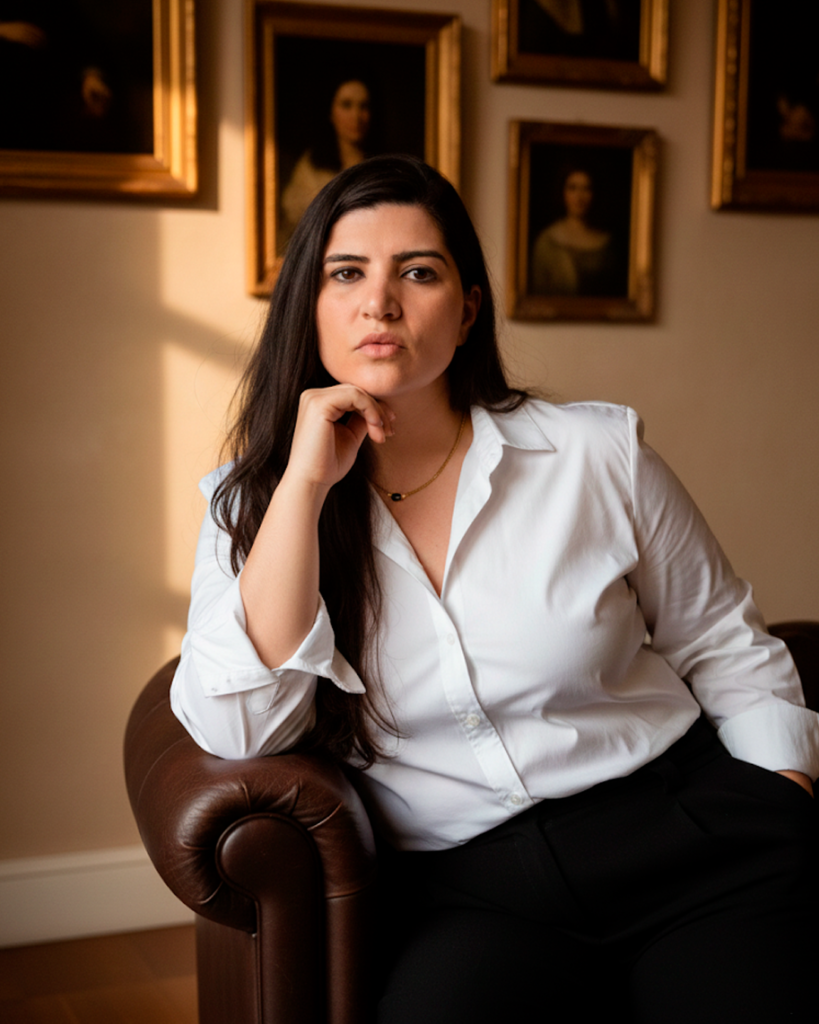 Mulher de cabelos escuros, vestindo blusa branca e calça preta, sentada em uma poltrona de couro marrom em um ambiente clássico com quadros ao fundo.