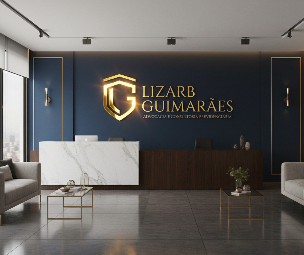 Interior de uma recepção de advocacia moderna com parede azul marinho, logotipo dourado iluminado "Lizarb Guimarães" ao centro, balcão de mármore branco e poltronas cinzas.