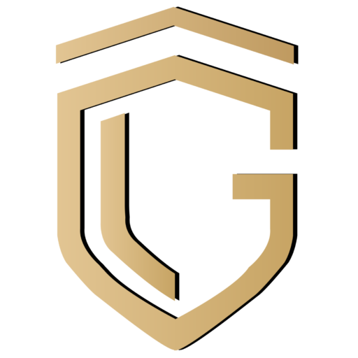 Logotipo em formato de escudo dourado com as iniciais L e G sobrepostas.